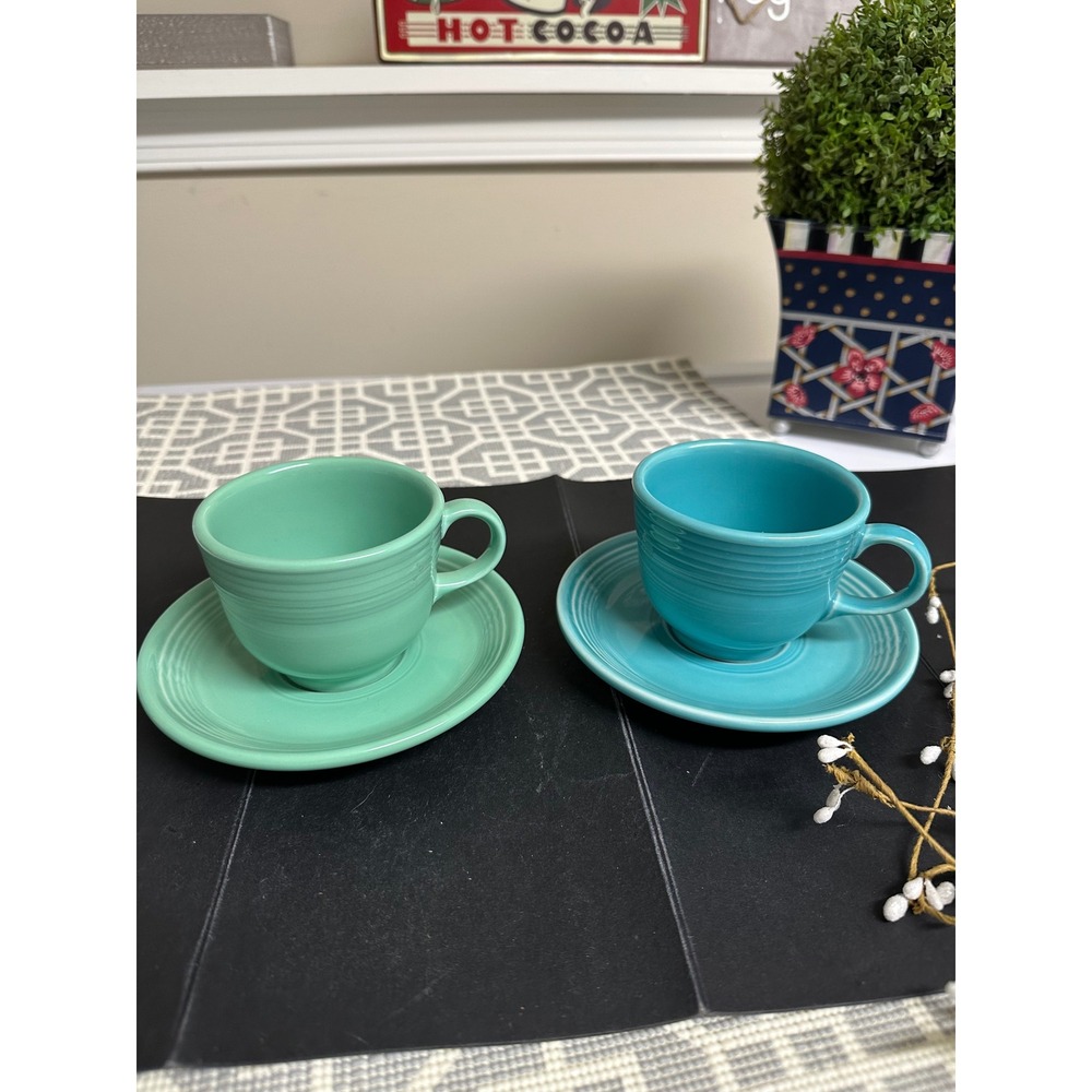 Fiesta HLC Tea cup and saucer Set in Green and Turquoise‎ 4 pc Vintage